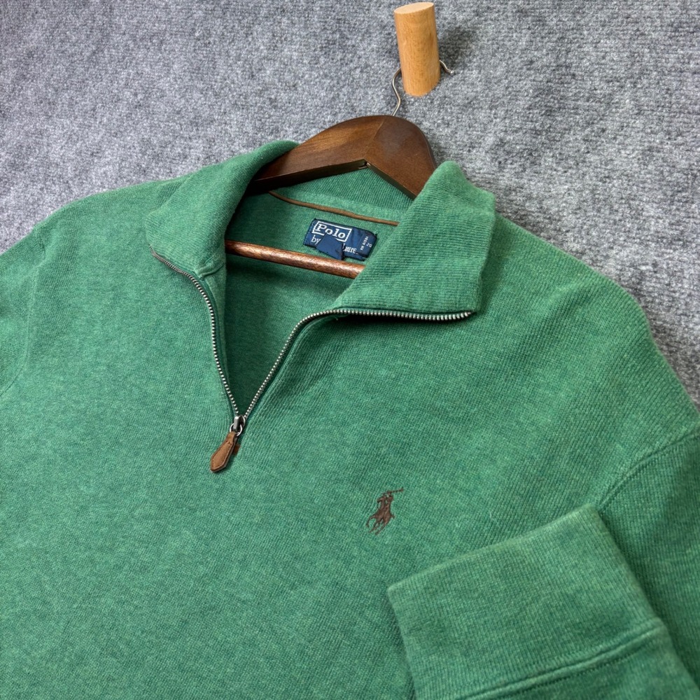 Polo Ralph Lauren Quarter Zip Mens Large Green Cotton Pullover Sweater Pony Logo